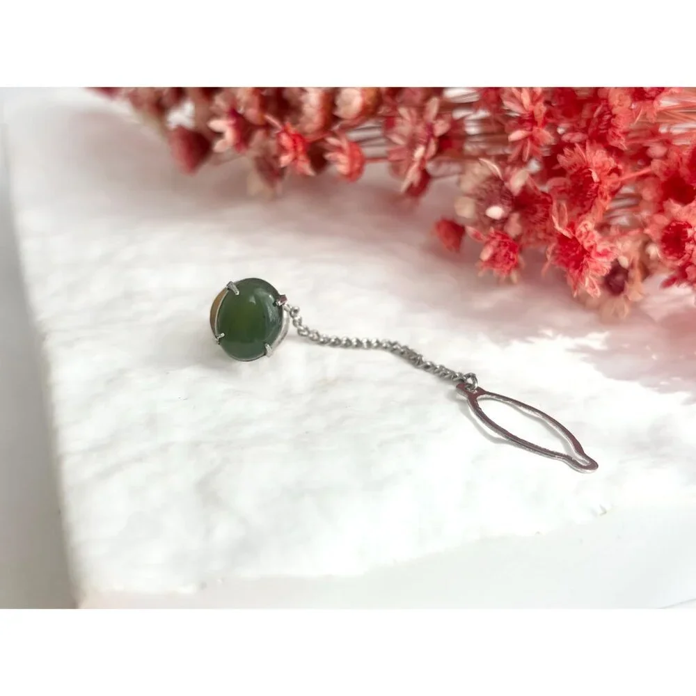 Faux Jade Stone Silver Toned Vintage Men's Tie Tack
